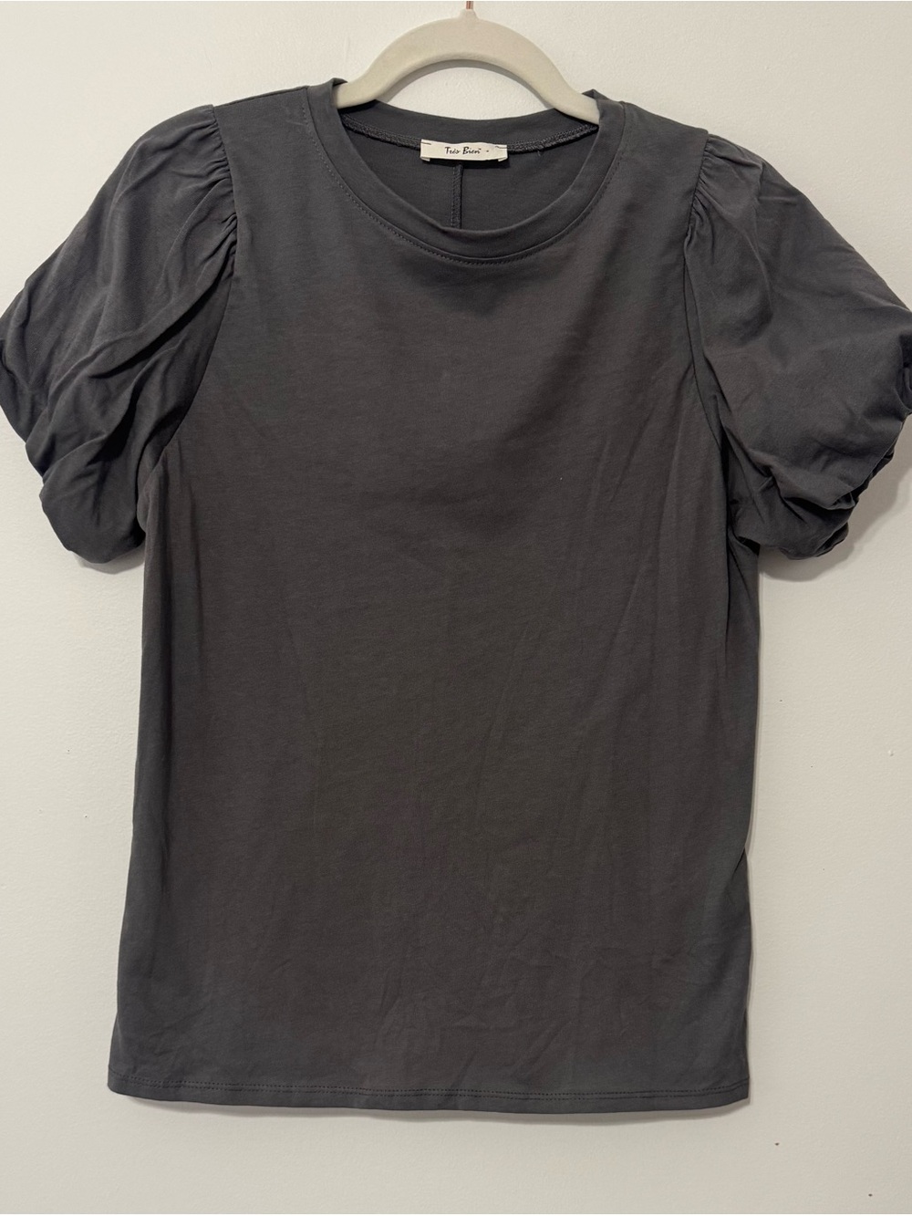 Tres Bien Charcoal Puff Sleeve Crewneck Top